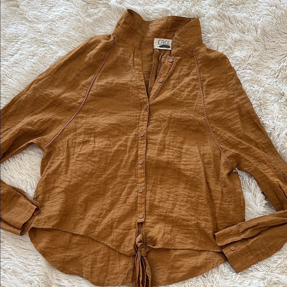 Cage orange Brown Button-Up Shirt tie up, size small